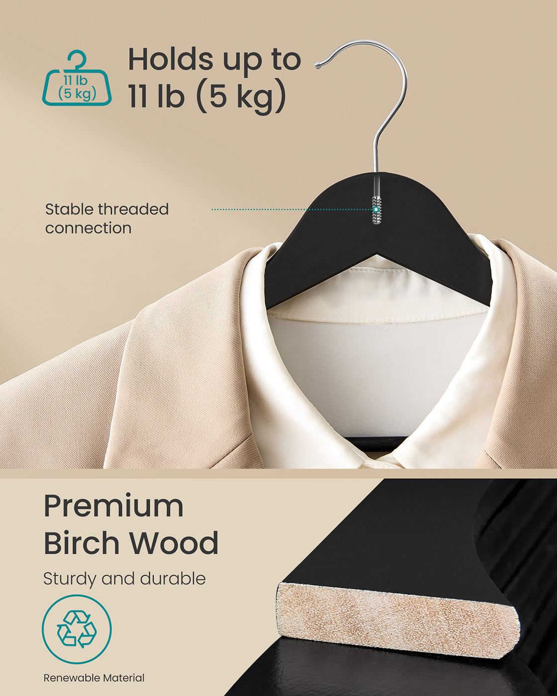 Wooden Hangers with 360° Swivel Hooks - Pack of 30 - Ink Black