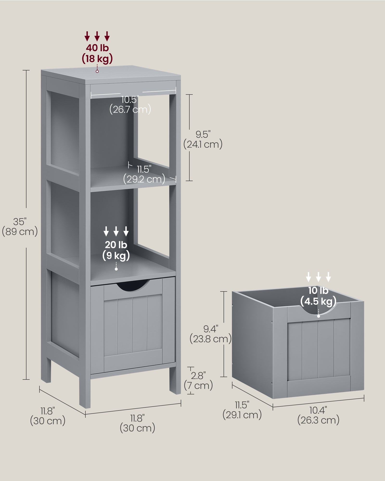 Corner bathroom cabinet - freestanding storage unit - 2 drawers + open shelf - 35" tall
