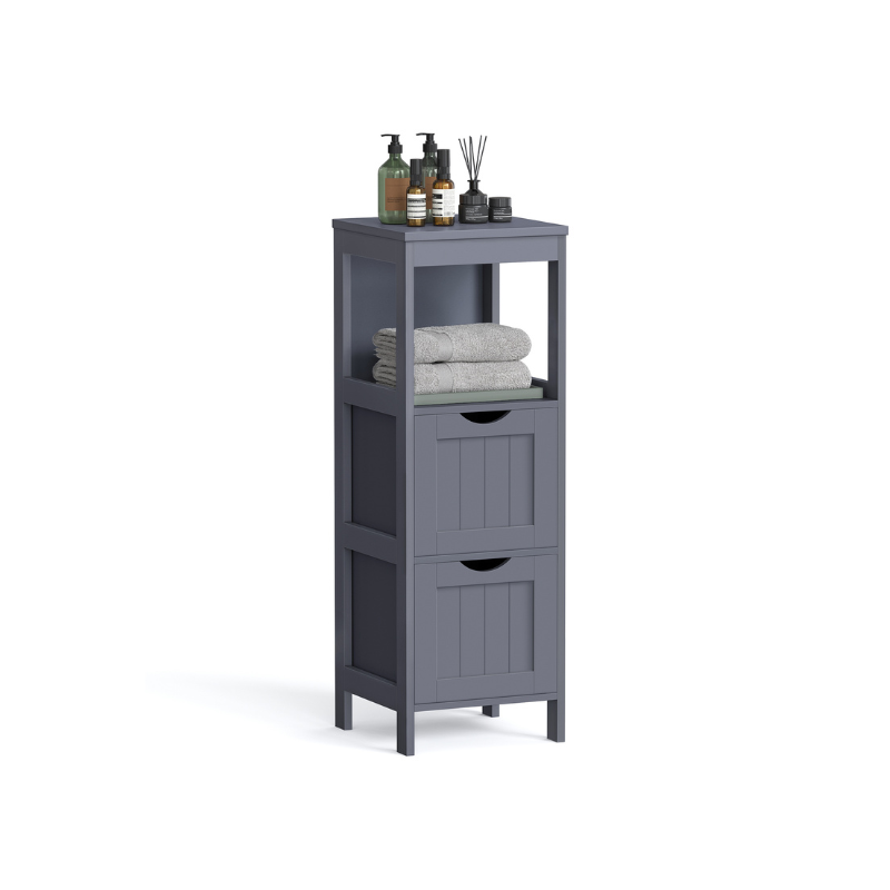 Corner bathroom cabinet - freestanding storage unit - 2 drawers + open shelf - 35" tall