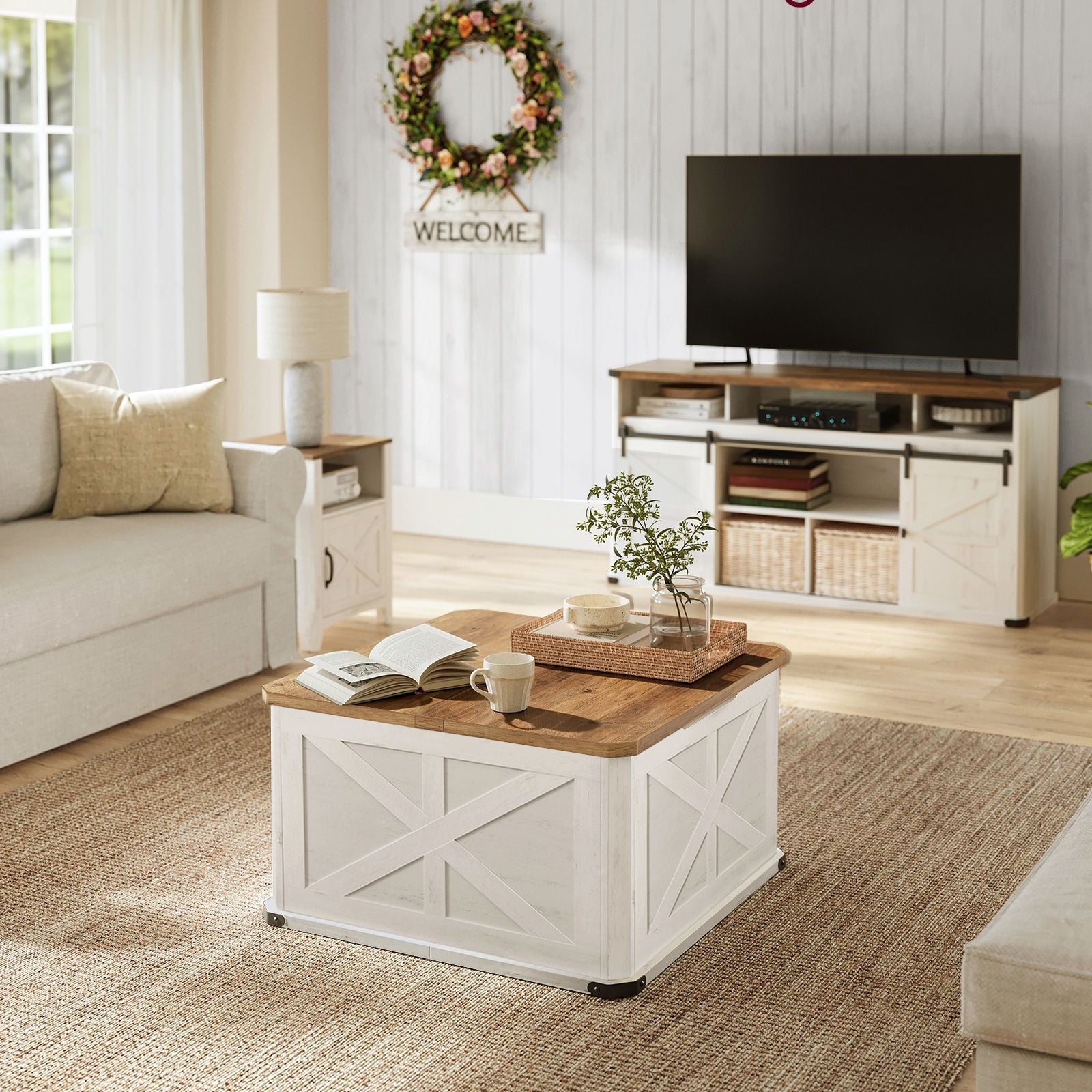 Farmhouse Coffee Table – Square Storage Trunk – Flip-Top Design – 56 Gal Capacity