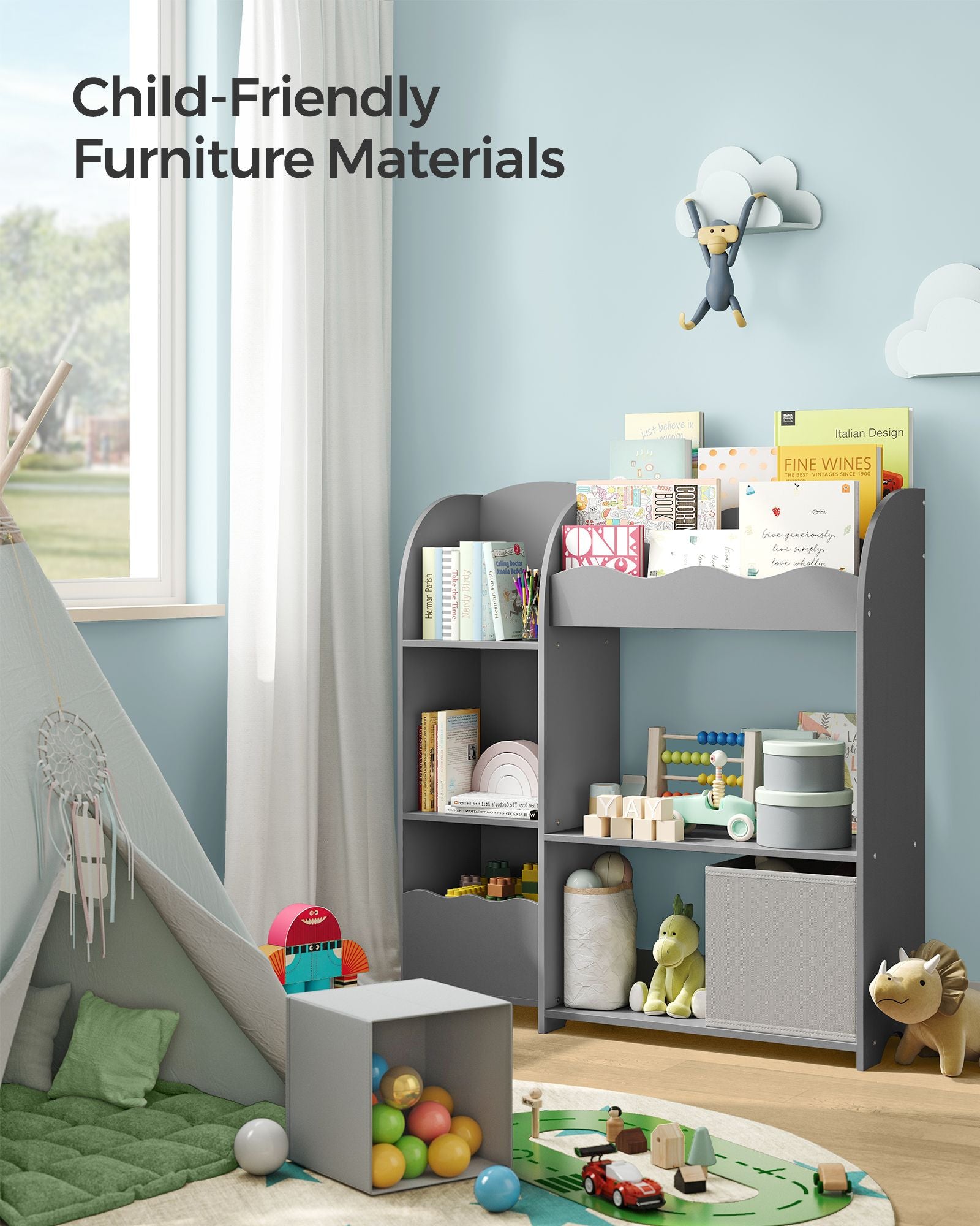 Toy and Book Organizer for Kids - Kids Bookshelf and Toy Storage - Storage Organizer with 2 Storage Boxes - for Playroom - Children's Room - Living Room - Dove Gray