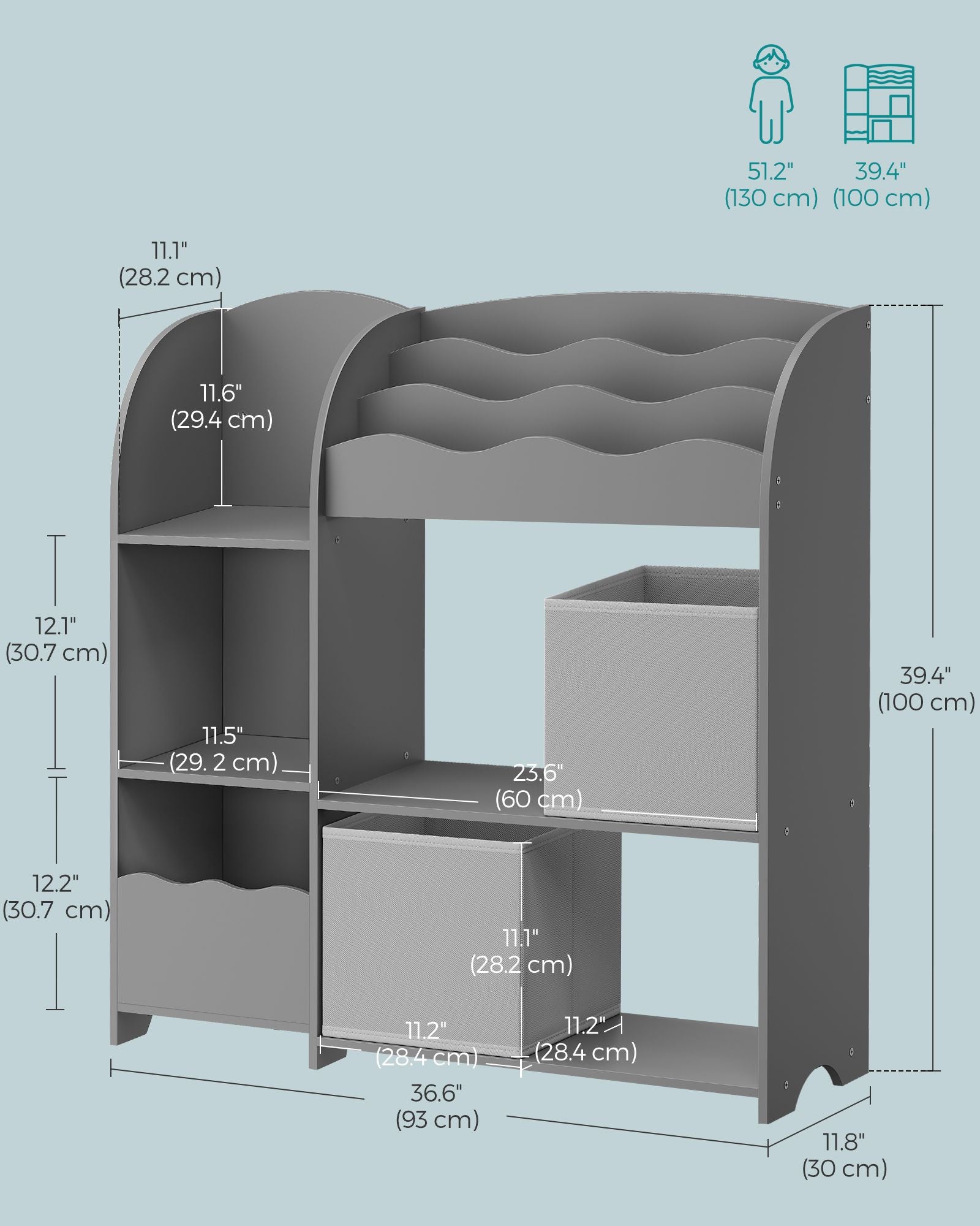 Toy and Book Organizer for Kids - Kids Bookshelf and Toy Storage - Storage Organizer with 2 Storage Boxes - for Playroom - Children's Room - Living Room - Dove Gray