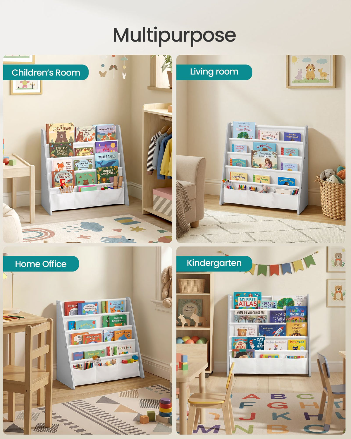 Kids Bookshelf - 4-Tier Sling Design - Fabric Organizer - TEZA Collection