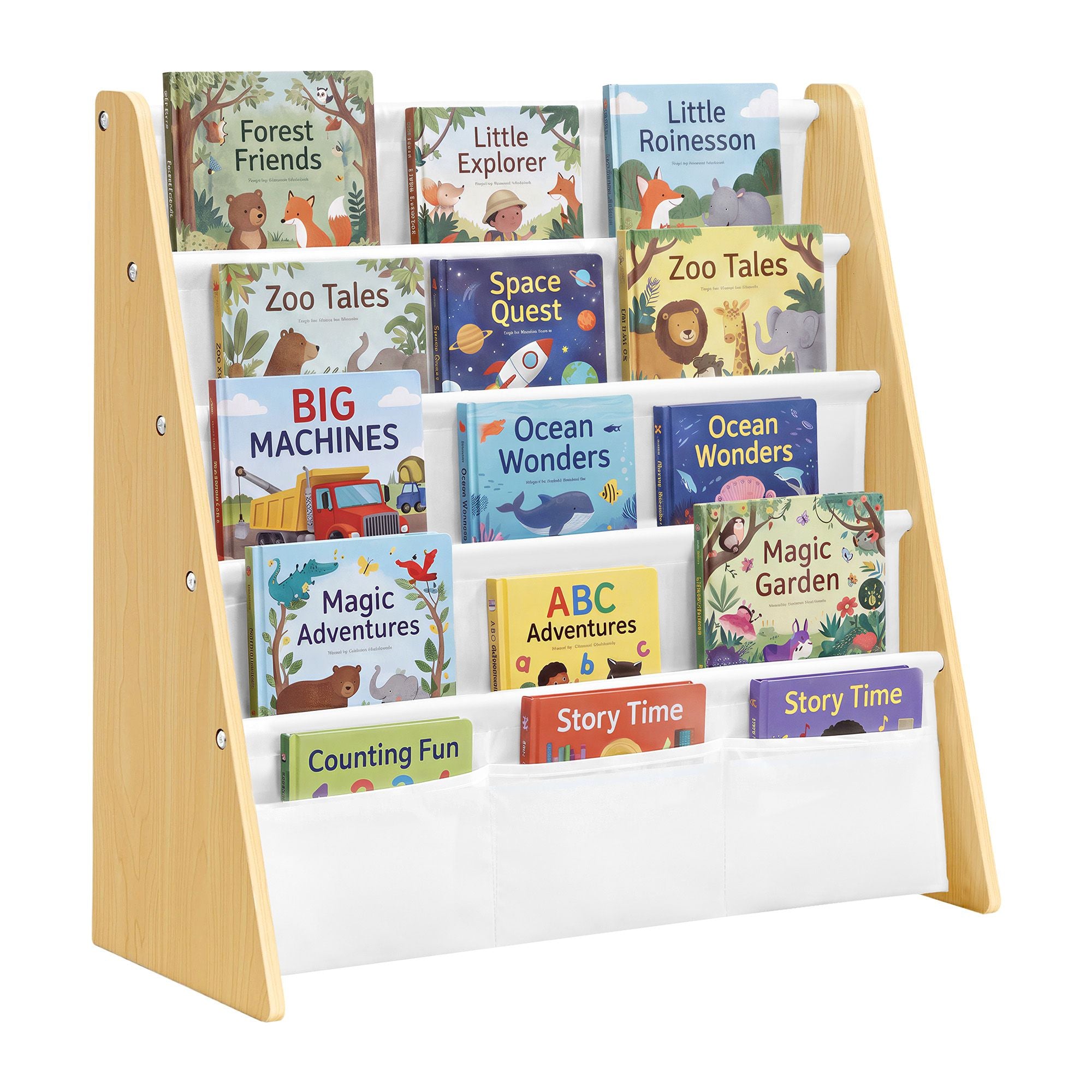 Kids Bookshelf - 4-Tier Sling Bookcase - Fabric Organizer for Toddlers - Child-Friendly Storage Rack for Playroom - 24.6 x 9.8 x 23.6 Inch - Dove Gray and White - TEZA Collection UGKR079GD01 - Beech and White