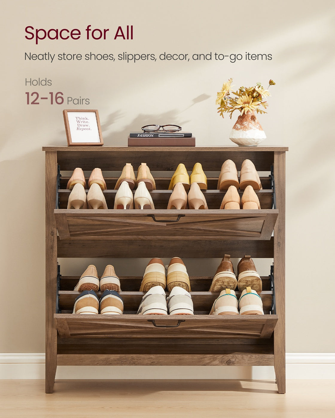 LIRY Collection - Shoe Storage Cabinet Organizer with 2 Flip Drawers Fits 12 to 16 Pairs