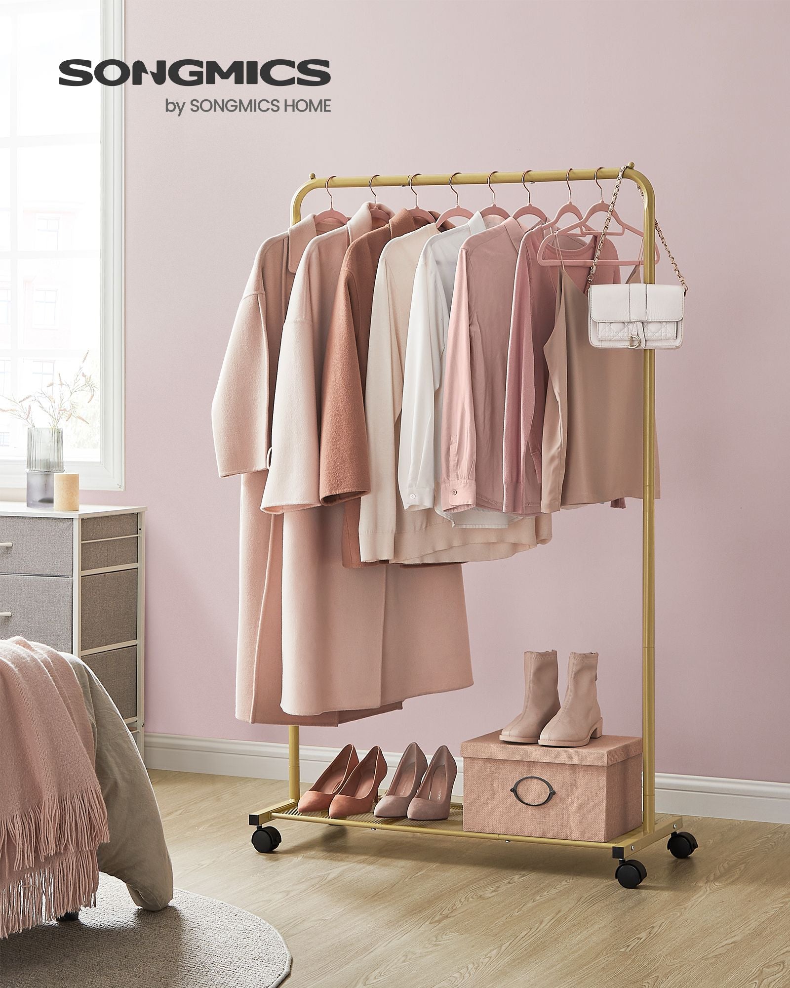 Clothes Rack with Wheels and Dense Mesh Storage Shelf - Gold