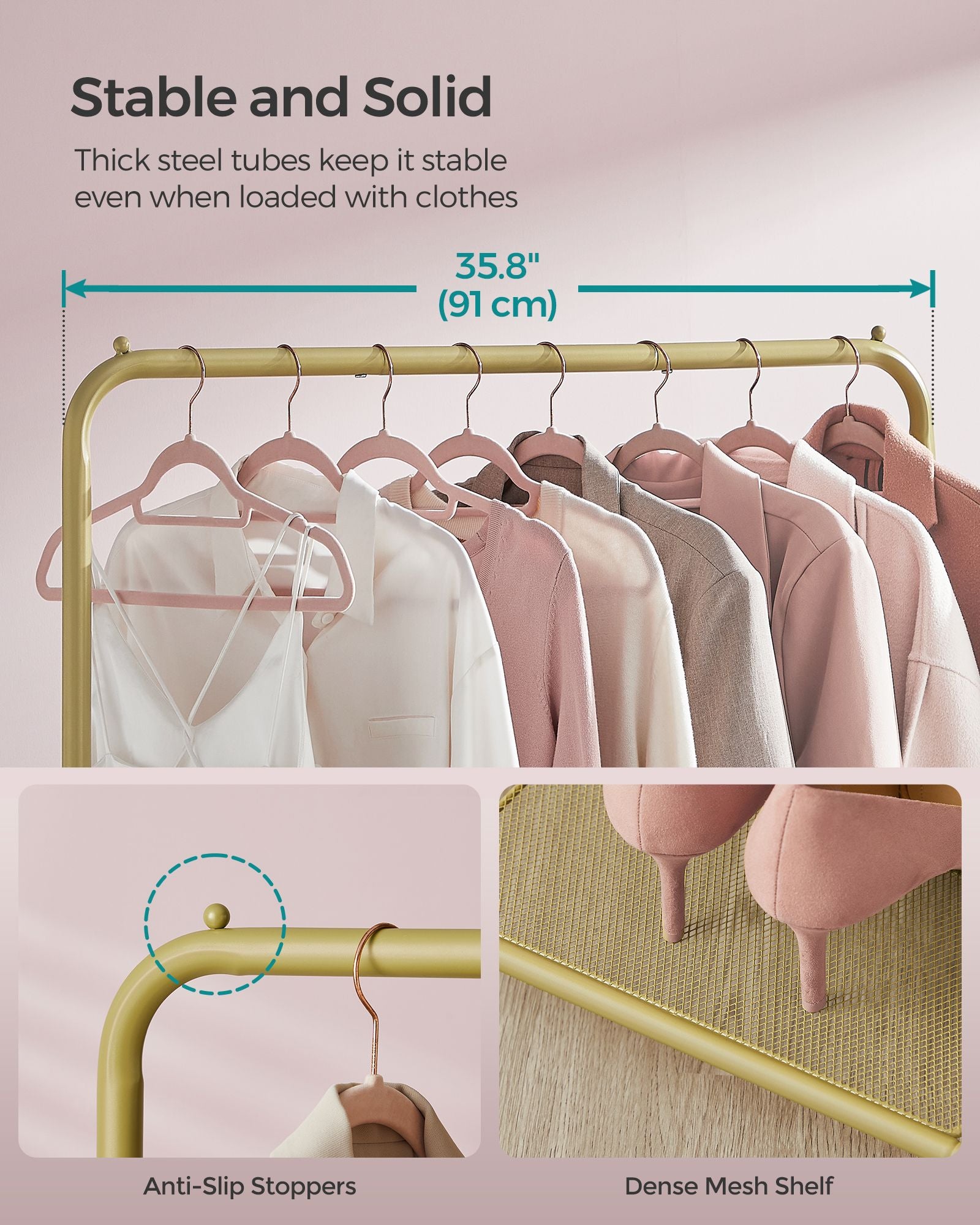 Clothes Rack with Wheels and Dense Mesh Storage Shelf - Gold