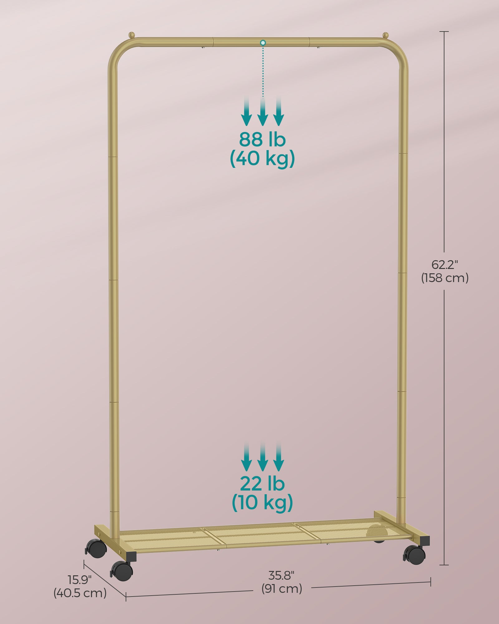 Clothes Rack with Wheels and Dense Mesh Storage Shelf - Gold