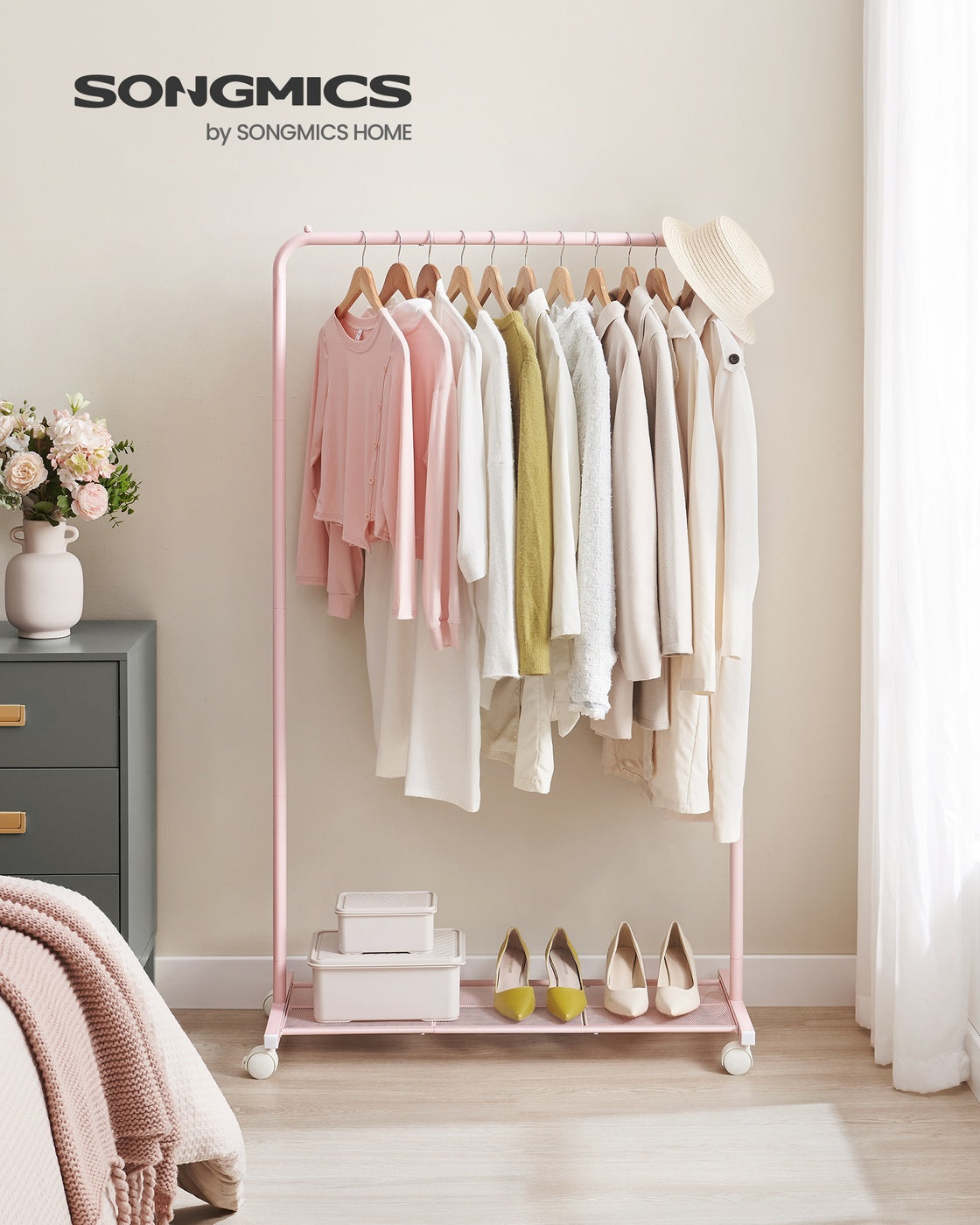 Clothes Rack - Dense Mesh Storage Shelf - Wheels with Brakes