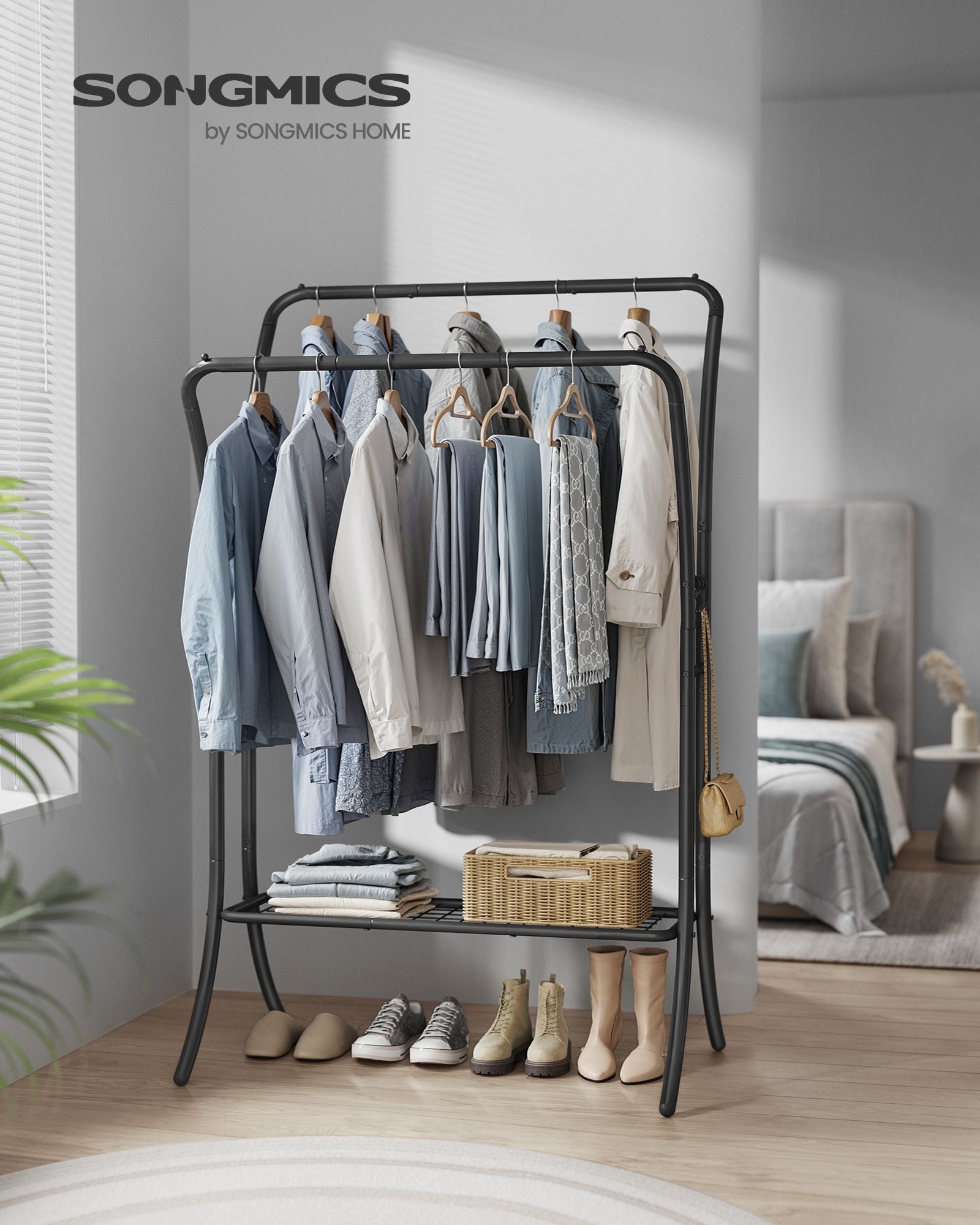 Double Rod Clothes Rack with Shelves - Ink Black