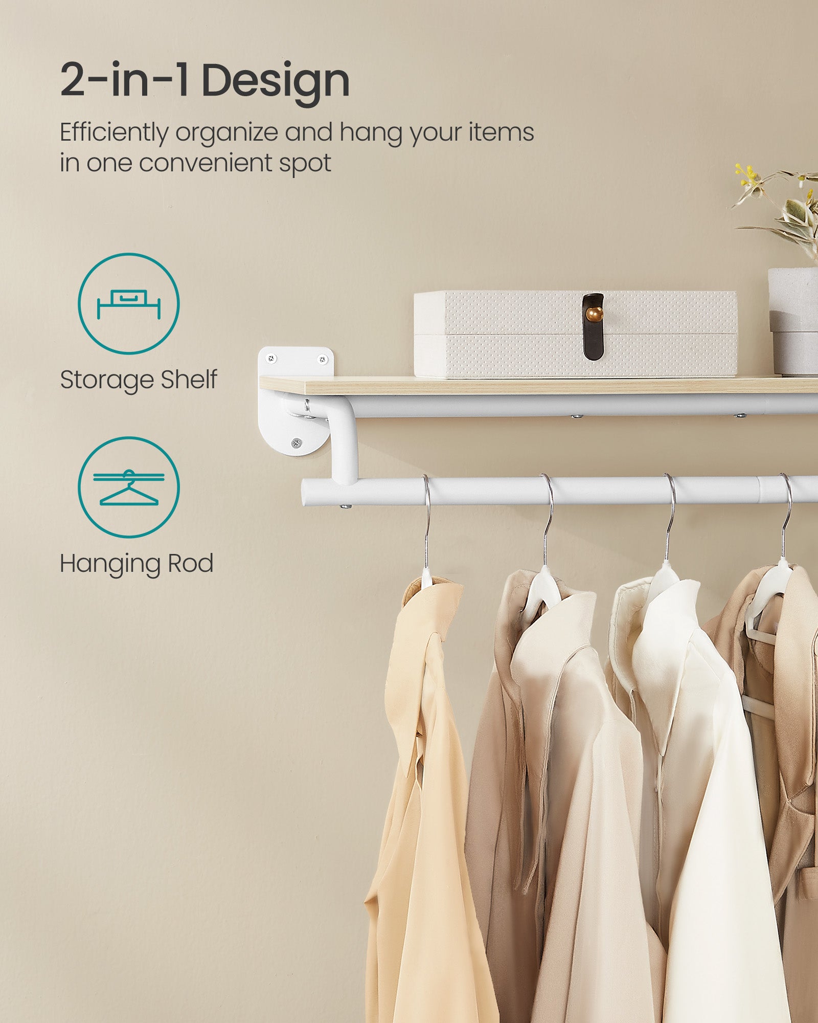 Clothes Rack with Top Shelf - Natural Beige, Cloud White