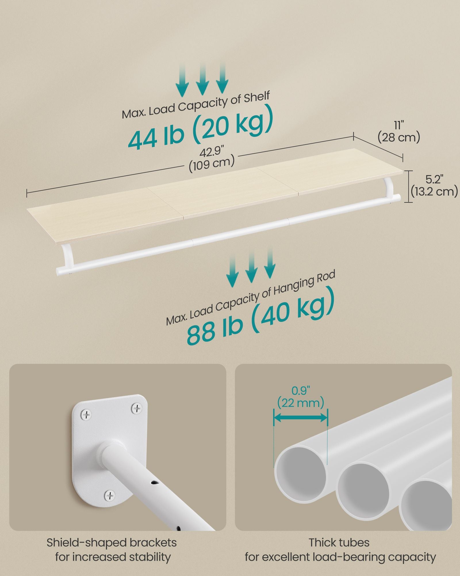 Clothes Rack with Top Shelf - Natural Beige, Cloud White