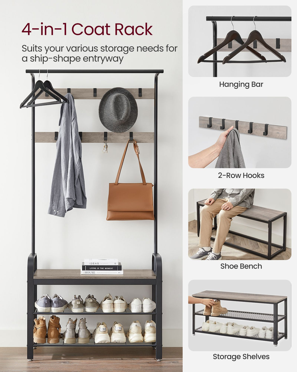 Coat Rack with Shoe Bench - For Entryway - 3-in-1 Design