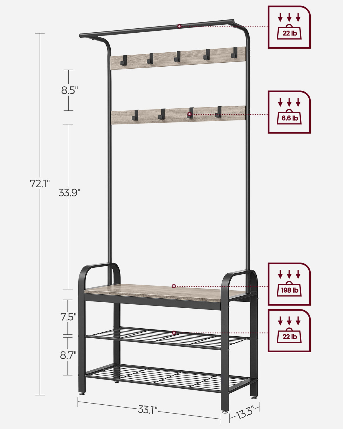 Coat Rack with Shoe Bench - For Entryway - 3-in-1 Design
