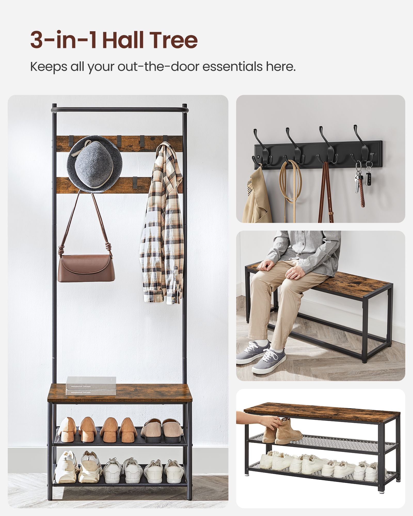 Hall Tree With Bench And Shoe Storage - 71 Inch - Coat Rack Bench Combo