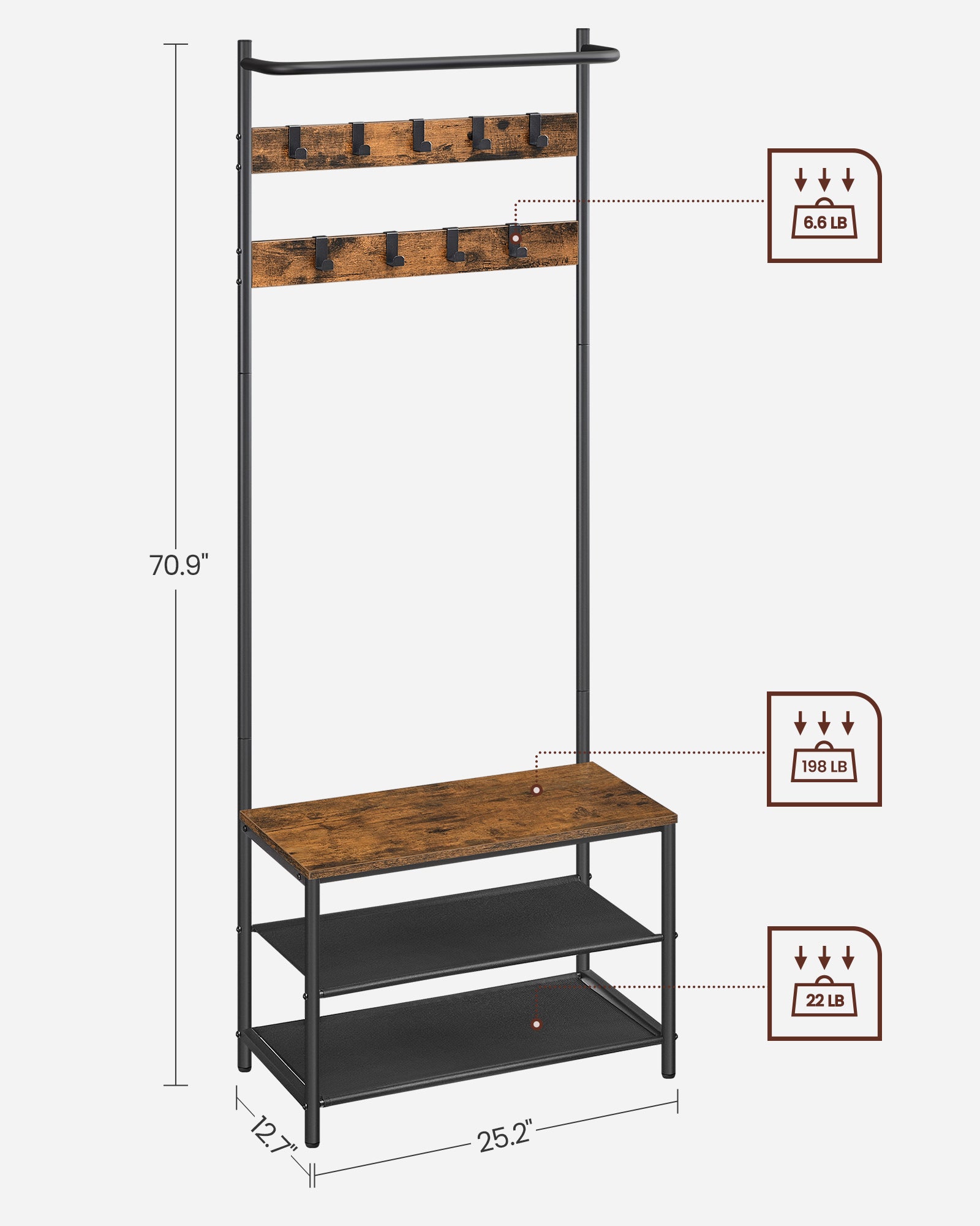 Hall Tree With Bench And Shoe Storage - 71 Inch - Coat Rack Bench Combo