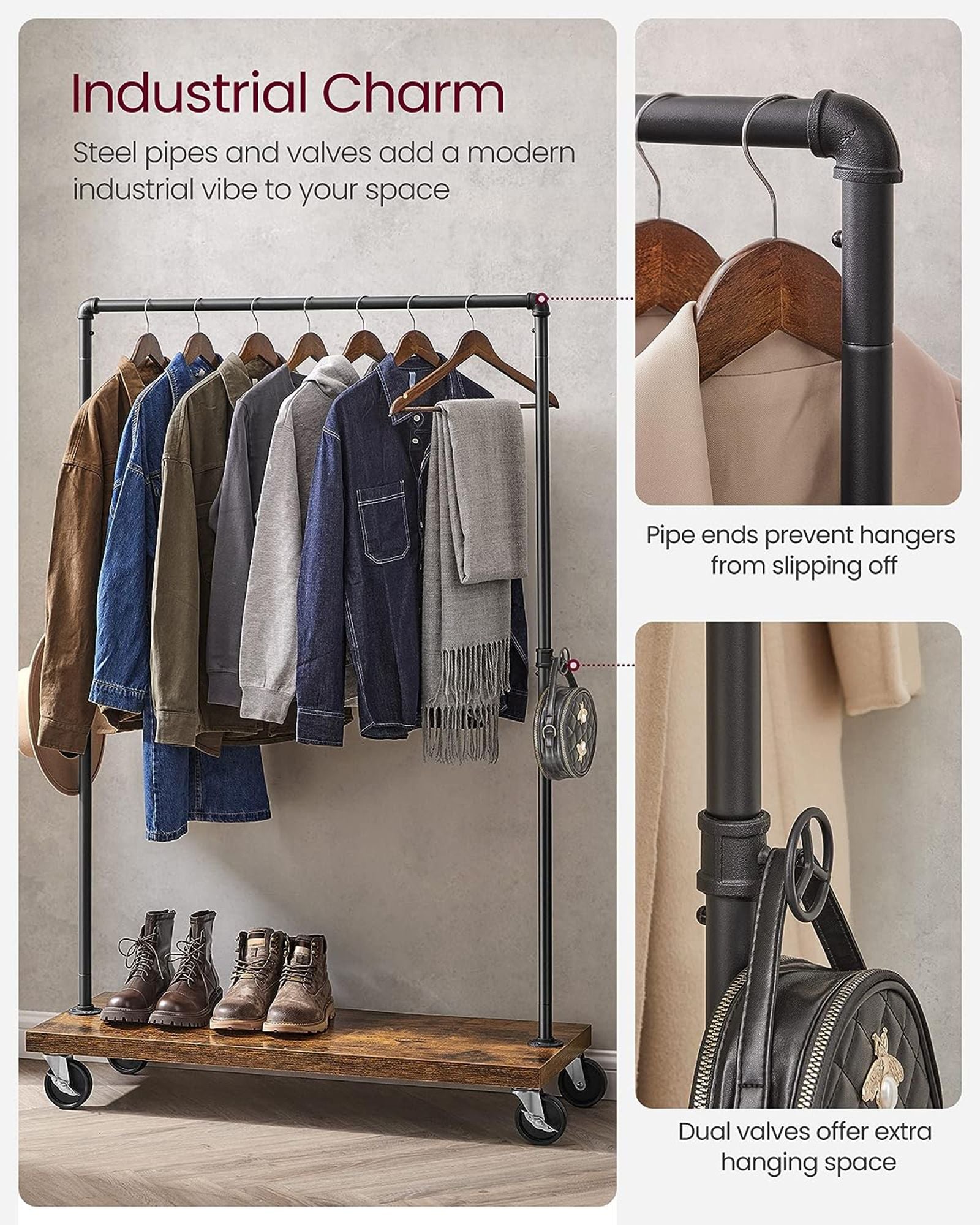 Heavy Duty Rolling Clothing Rack with Shelf
