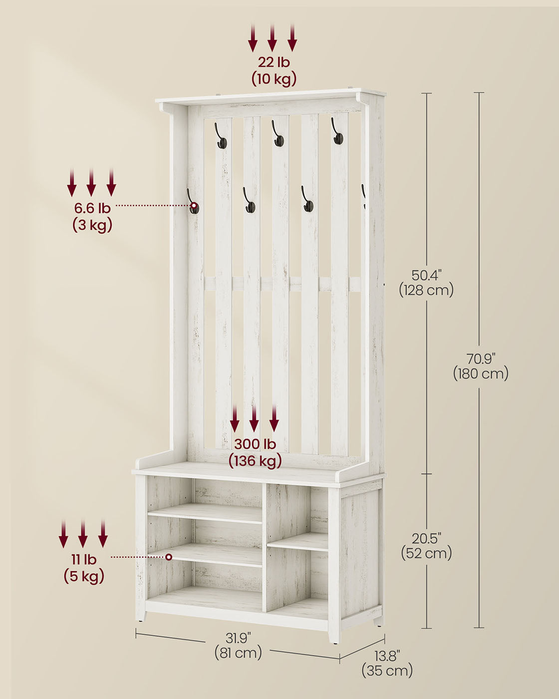 Hall Tree with Bench, Shoe Storage, 7 Double Hooks, Adjustable Shelves, Entryway Organizer