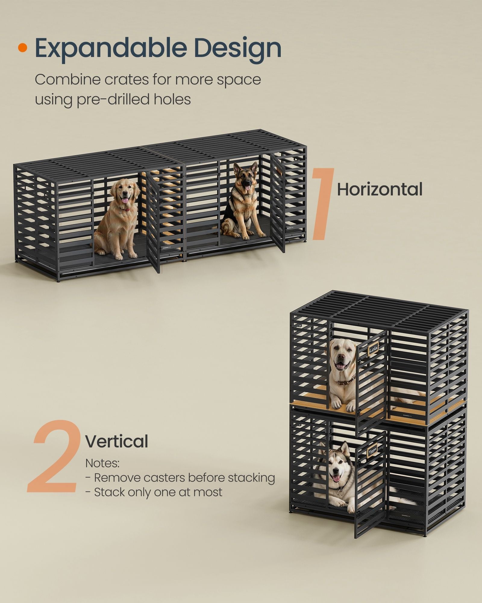 Heavy-Duty Dog Crate – Expandable Steel Kennel – 2 Sizes Available with Wheels and Tray