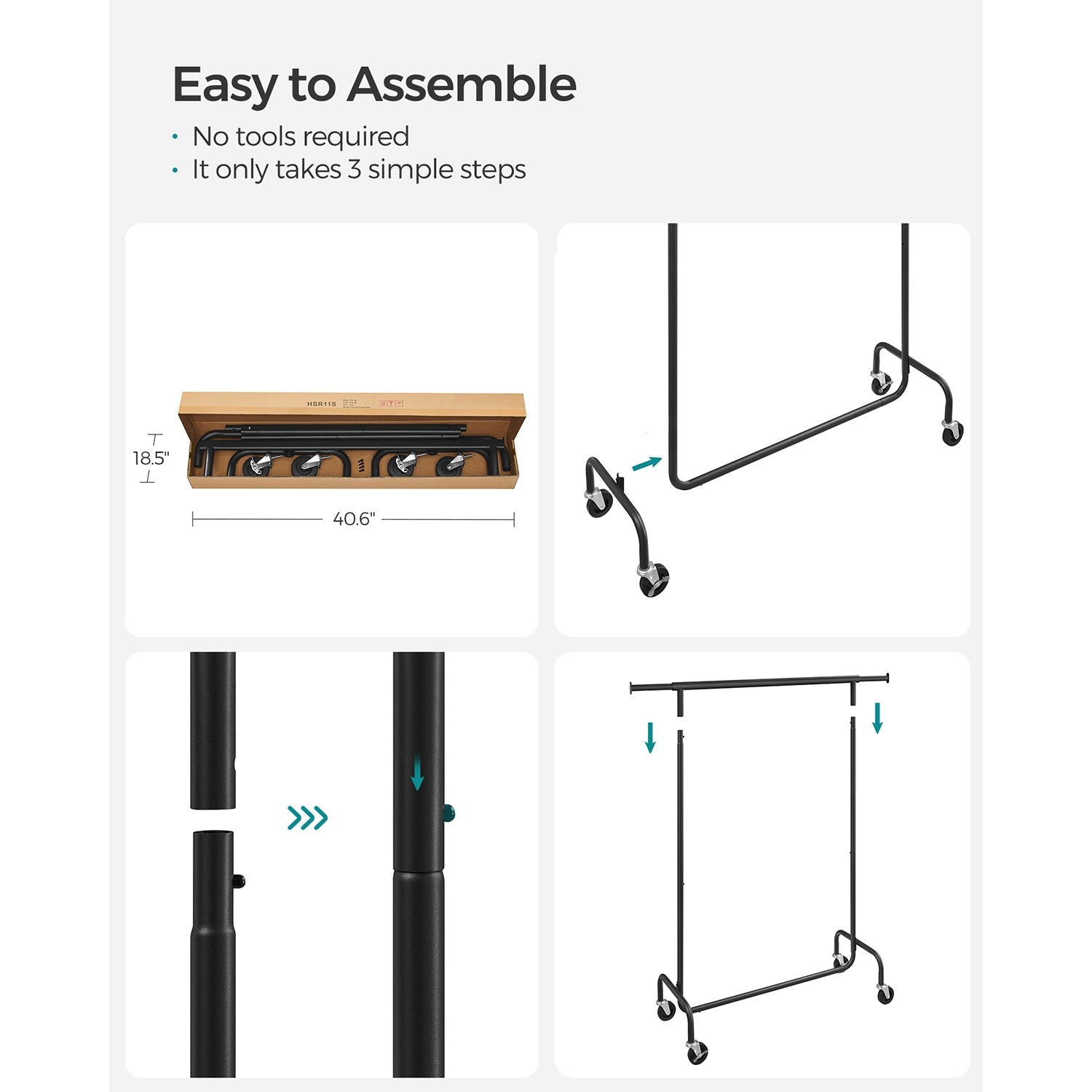 Heavy-duty clothes rack with extendable rod – rolling garment rack with lockable wheels – max load 286.6 lb