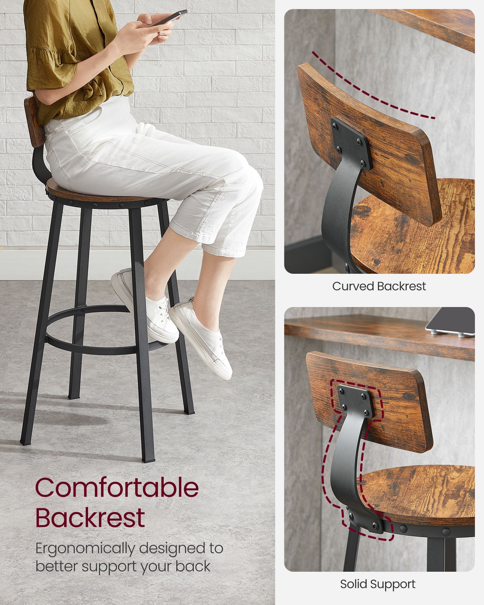 Industrial bar stools – set of 2 – rustic brown – 28.7" seat height