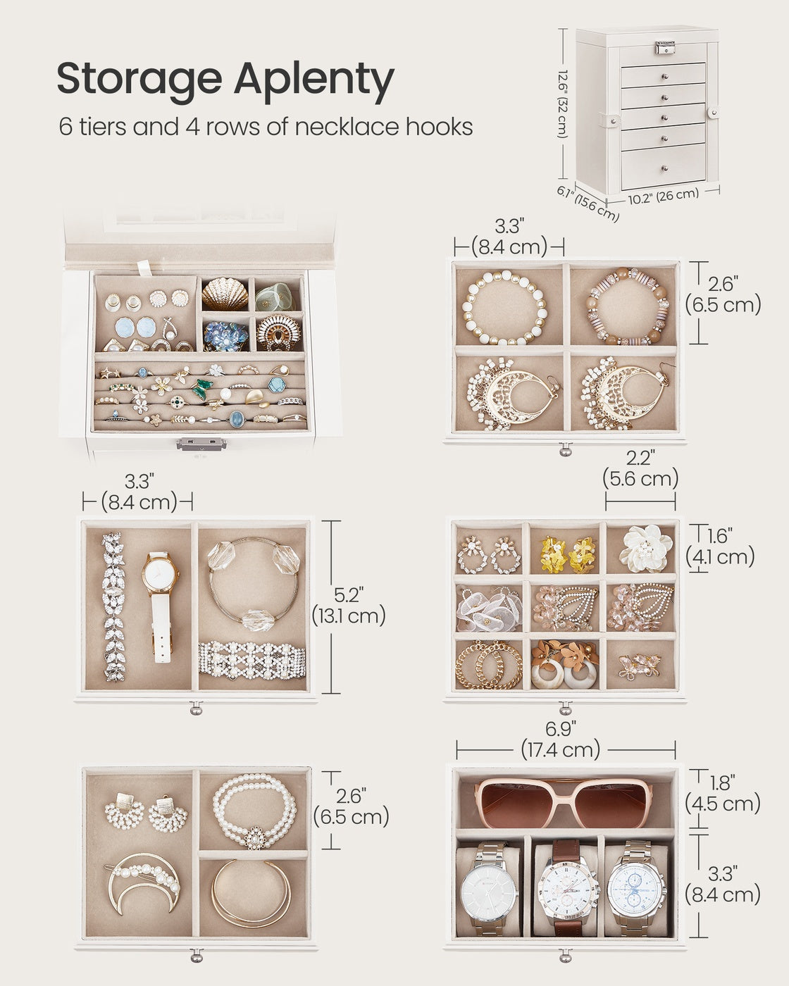 Jewelry Storage Box - 6 Drawers - With Mirror and Lock