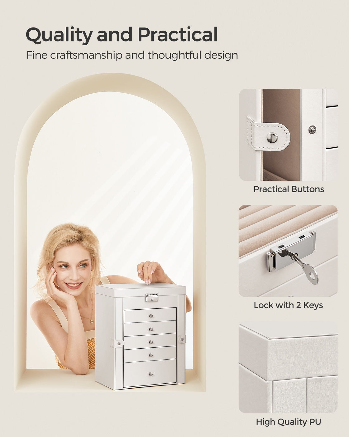 Jewelry Storage Box - 6 Drawers - With Mirror and Lock