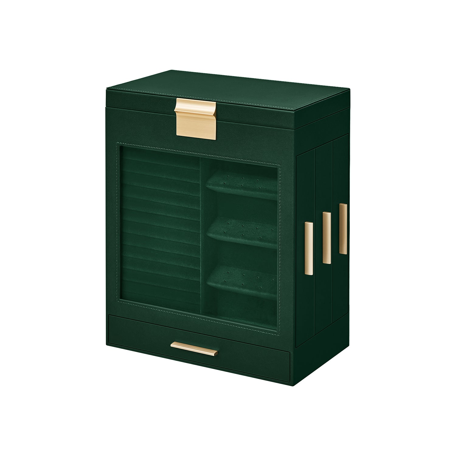 5-Layer Jewelry Organizer with 3 Side Drawers - Forest Green, Metallic Gold