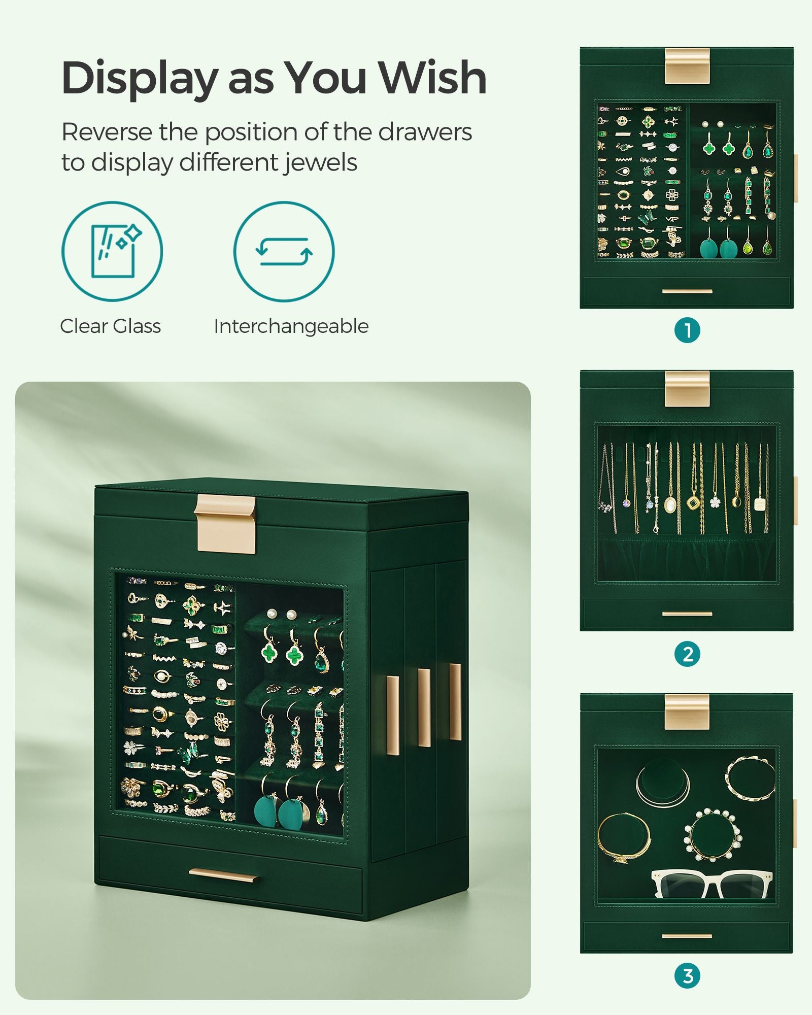 5-Layer Jewelry Organizer with 3 Side Drawers - Forest Green, Metallic Gold