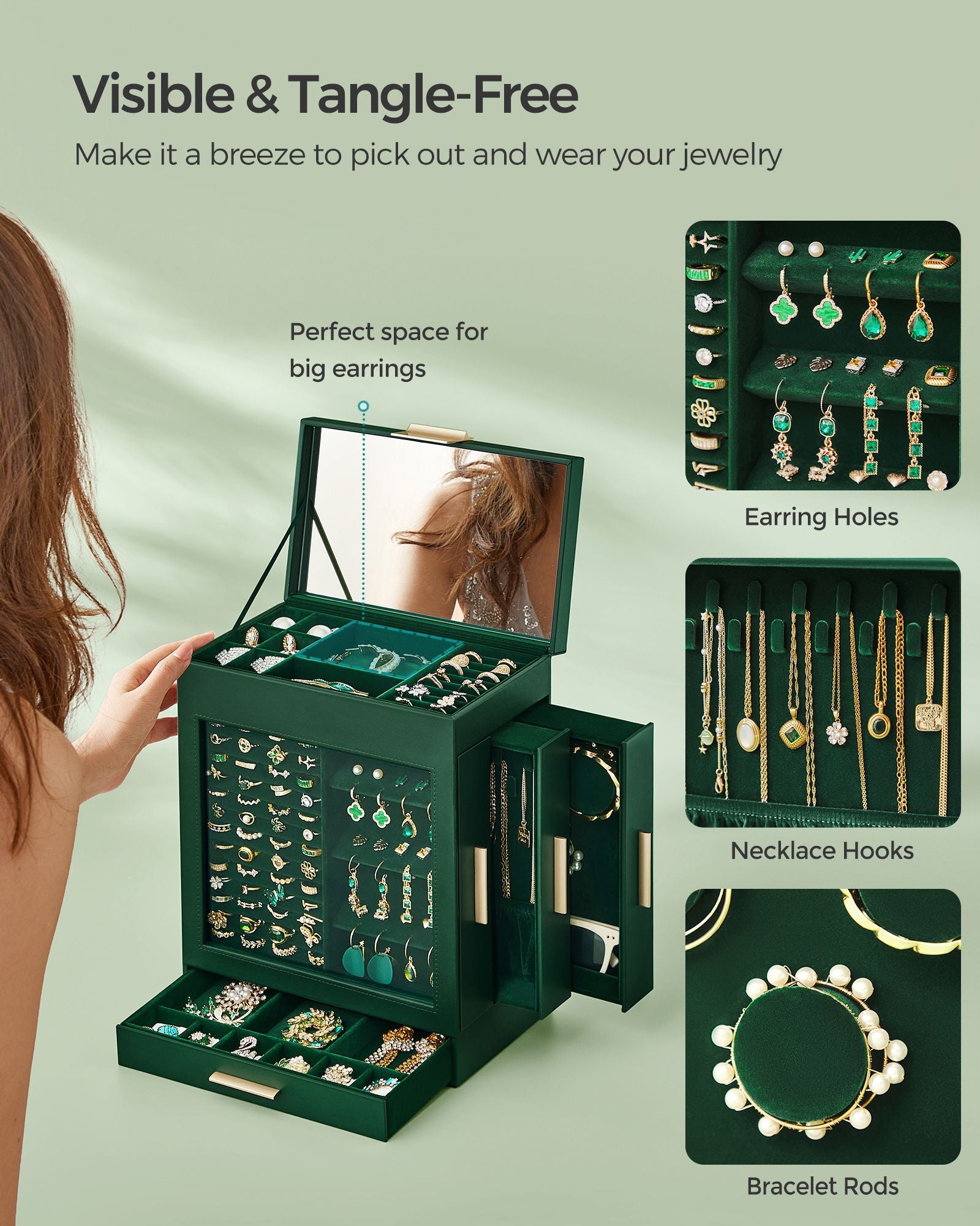 5-Layer Jewelry Organizer with 3 Side Drawers - Forest Green, Metallic Gold