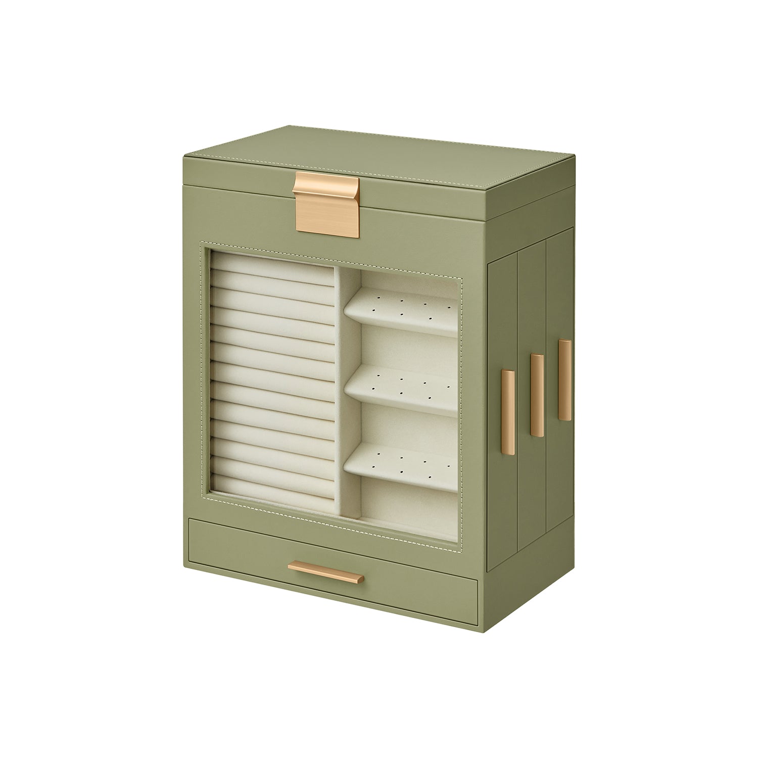 5-Layer Jewelry Organizer with 3 Side Drawers - Laurel Green, Metallic Gold