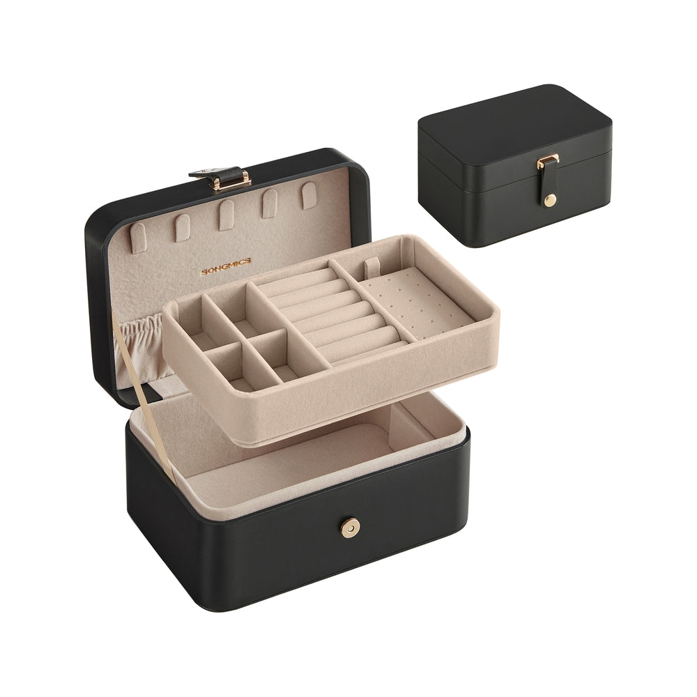 2-Layer Travel Jewelry Box - Secure Storage - Compact - Black