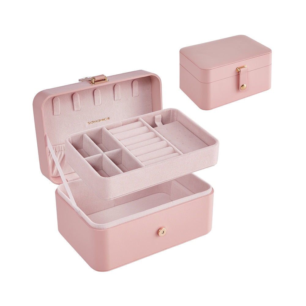 2-Layer Travel Jewelry Box - Secure Storage - Compact - Pink