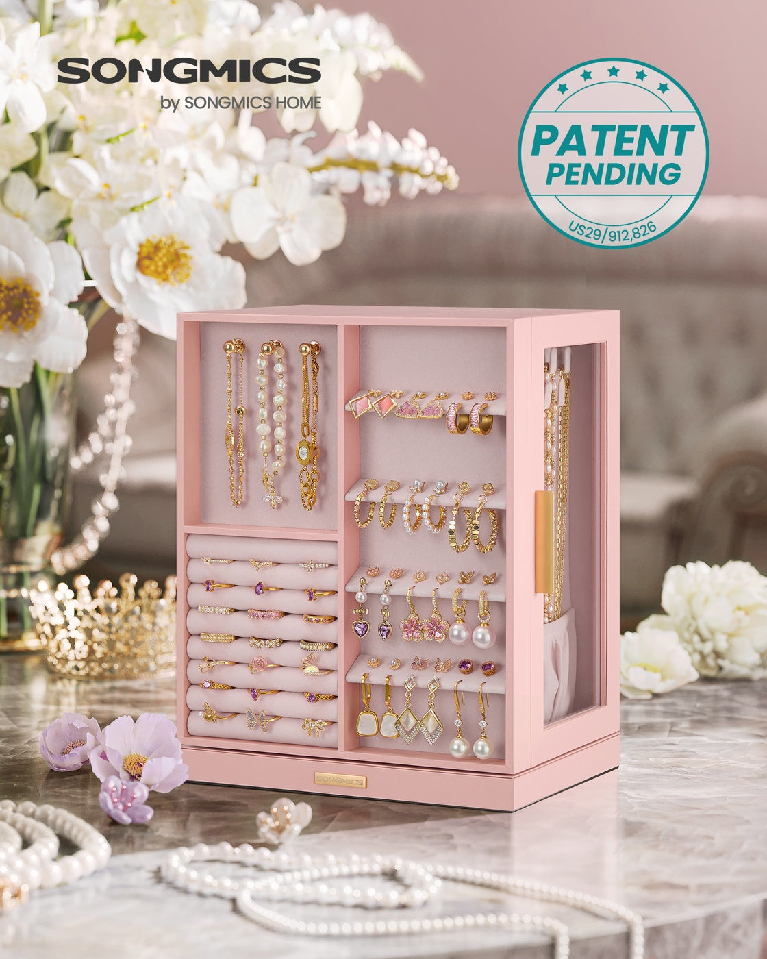 Jewelry Box 360° Rotating - Jewelry Storage Case with 5 Drawers Jelly Pink