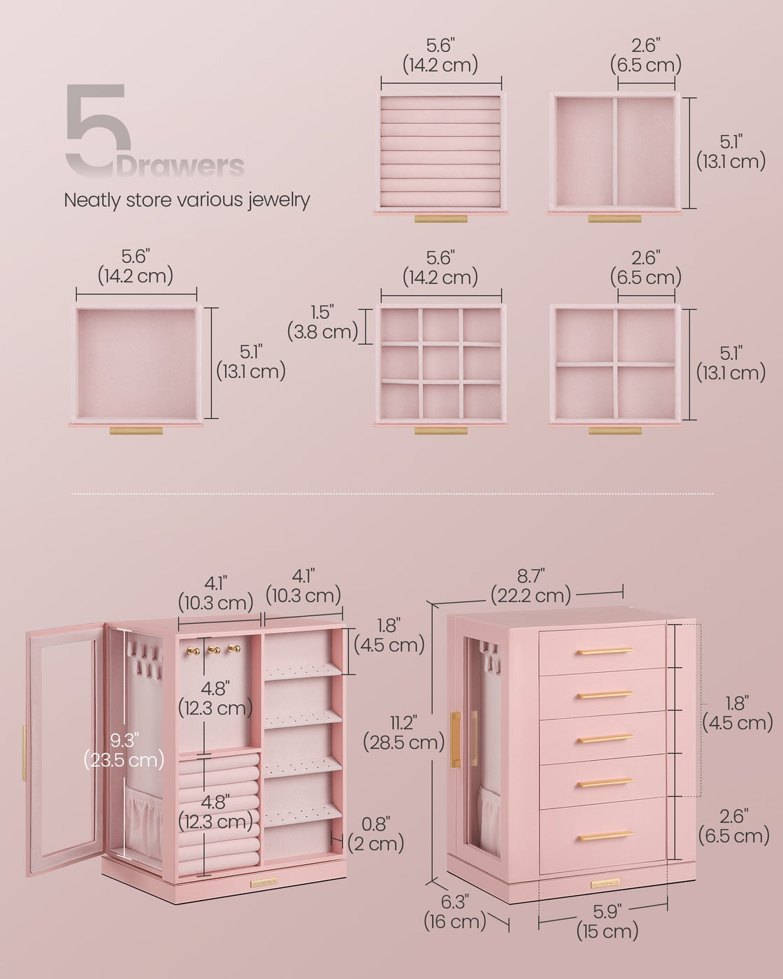Jewelry Box 360° Rotating - Jewelry Storage Case with 5 Drawers Jelly Pink