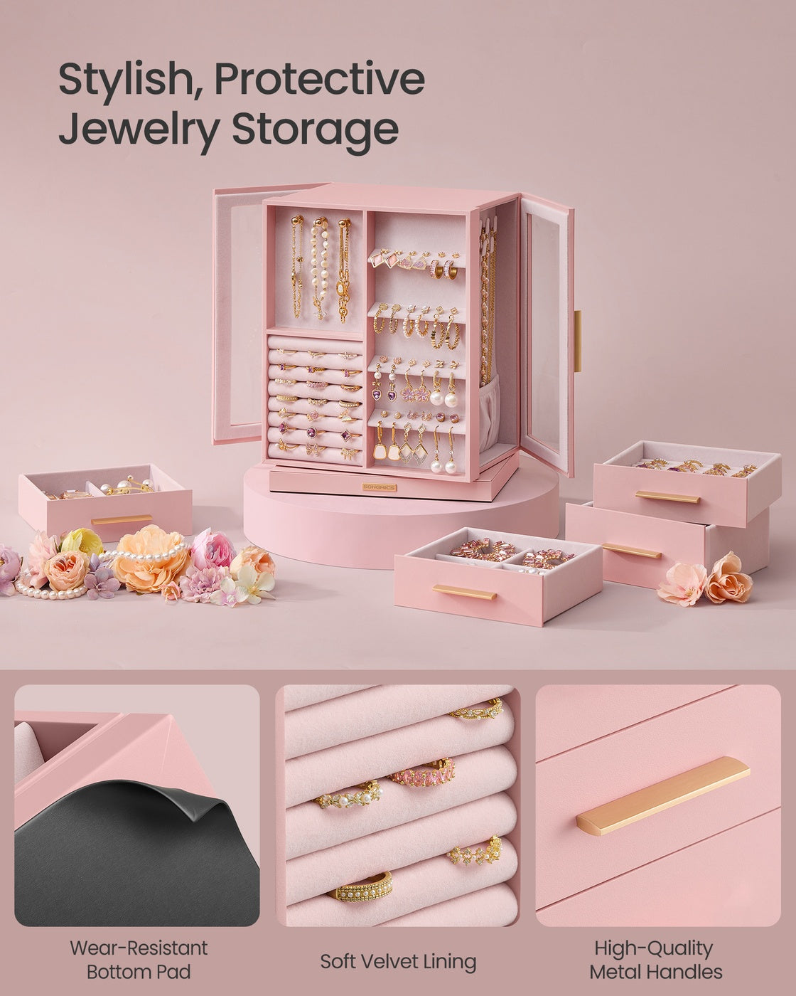 Jewelry Box 360° Rotating - Jewelry Storage Case with 5 Drawers Jelly Pink