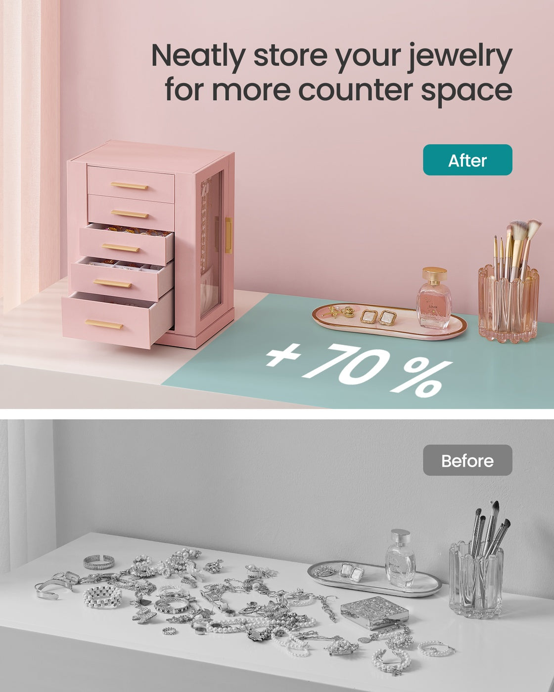 Jewelry Box 360° Rotating - Jewelry Storage Case with 5 Drawers Jelly Pink