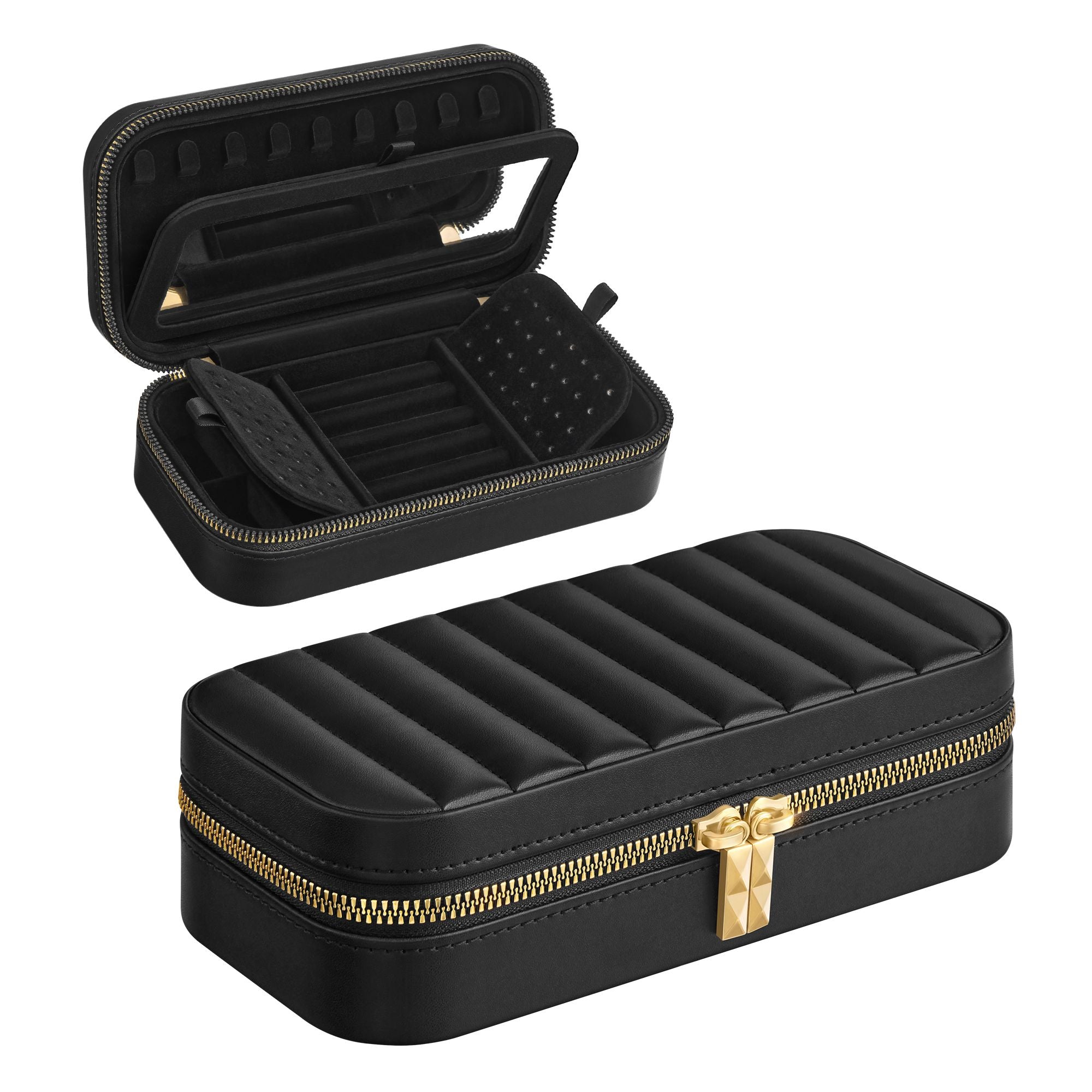 Travel Jewelry Case - With Mirror - PU Leather - Compact - Black