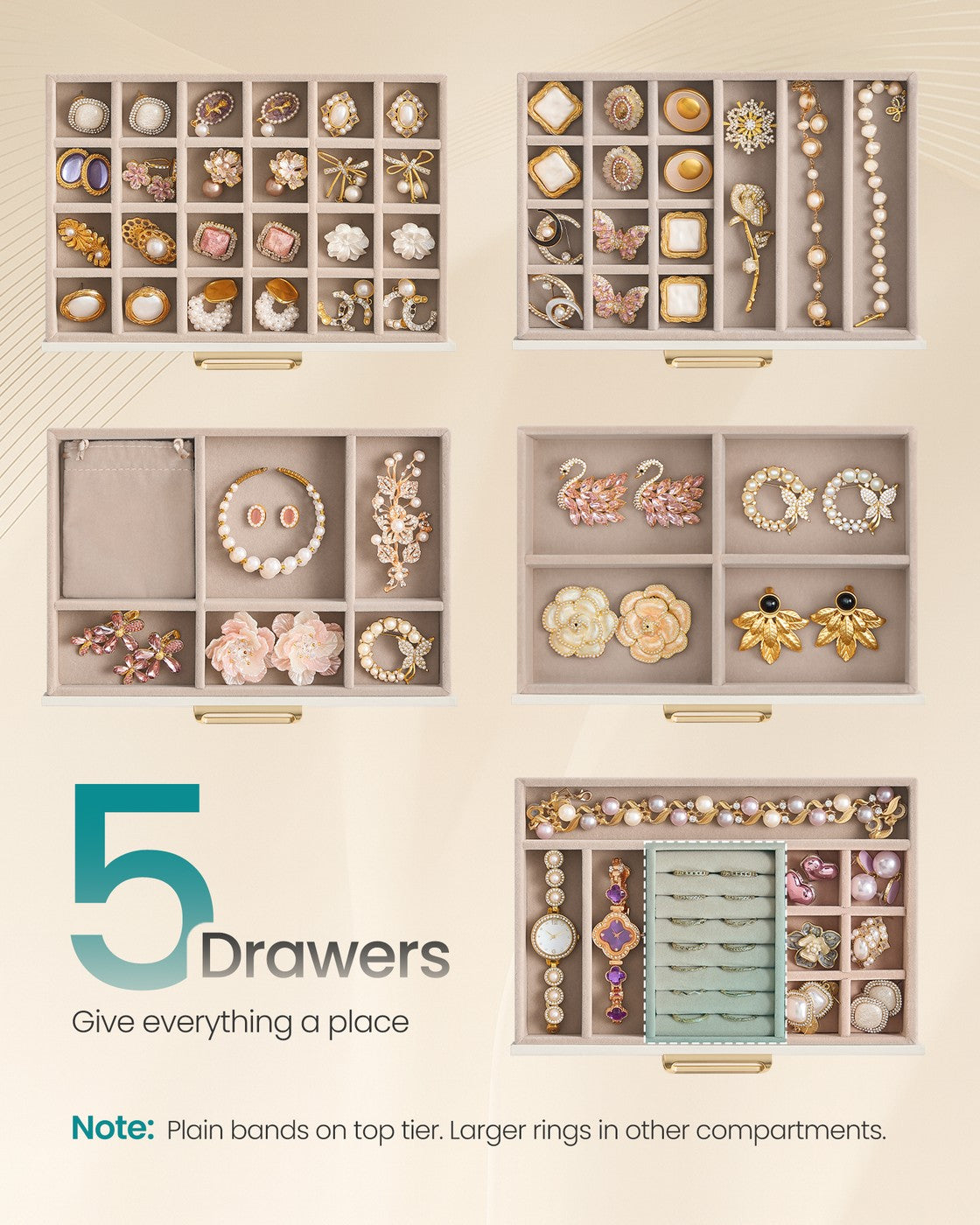 Jewelry Box - 5-Layer - Glass Window - Golden Handles