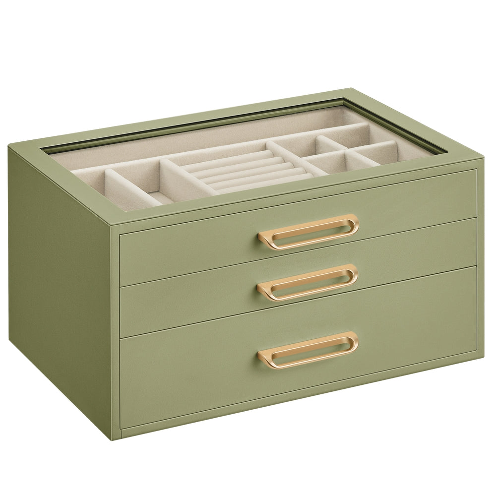 3-Layer Jewelry Box with Glass Window - Sage Green