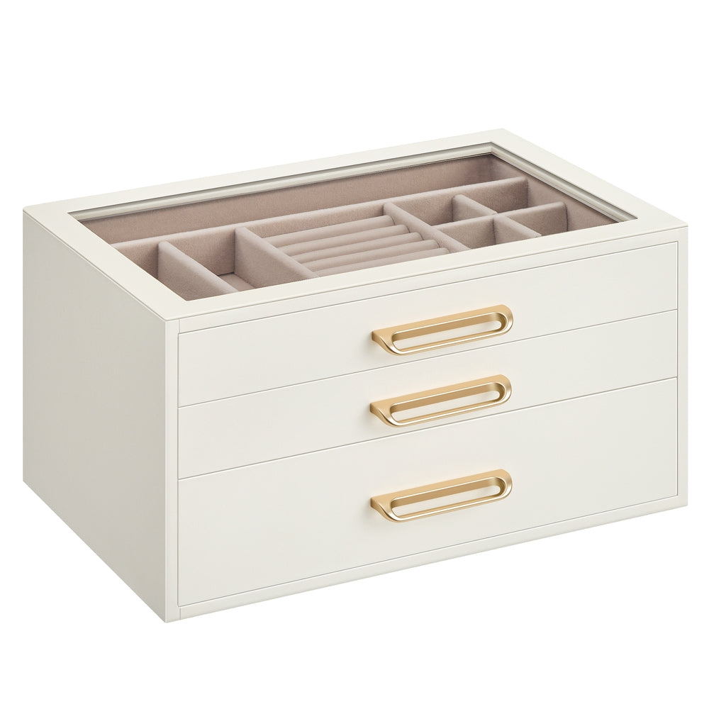 3-Layer Jewelry Box with Glass Window - Cream White