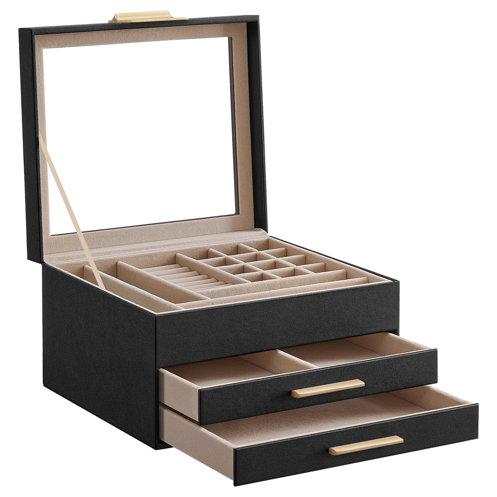 3-Layer Jewelry Box - Glass Lid - 2 Drawers - Velvet-Lined - Black + Gold