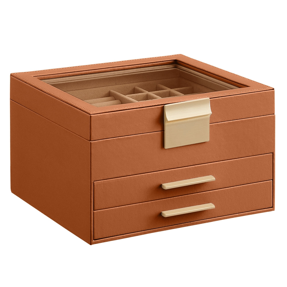 3-Layer Jewelry Box - Glass Lid - 2 Drawers - Velvet-Lined - Brown + Gold