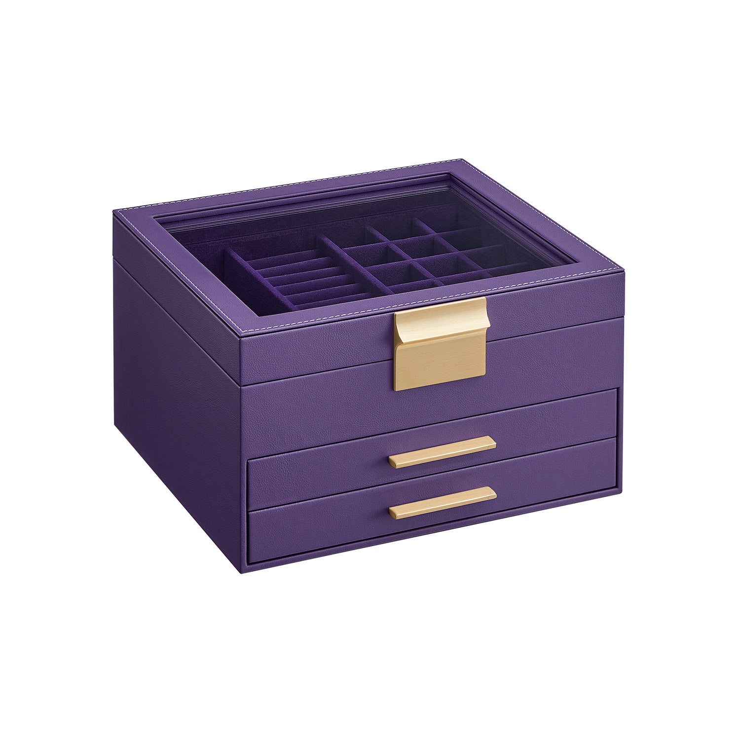 3-Layer Jewelry Box - Glass Lid - 2 Drawers - Velvet-Lined - Purple + Gold