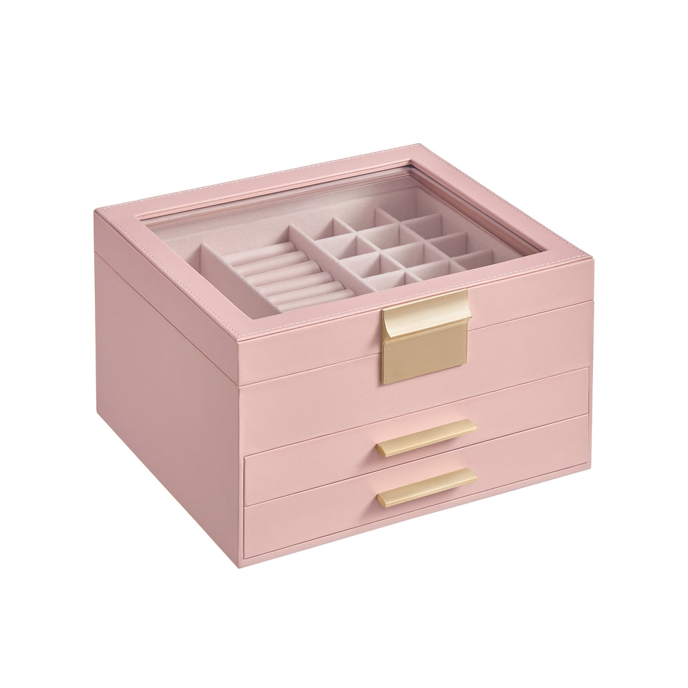 3-Layer Jewelry Box - Glass Lid - 2 Drawers - Velvet-Lined - Pink + Gold