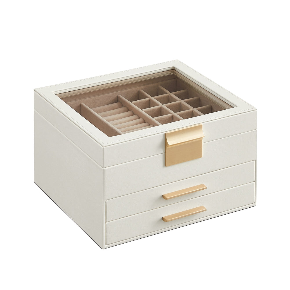 3-Layer Jewelry Box - Glass Lid - 2 Drawers - Velvet-Lined - White + Gold