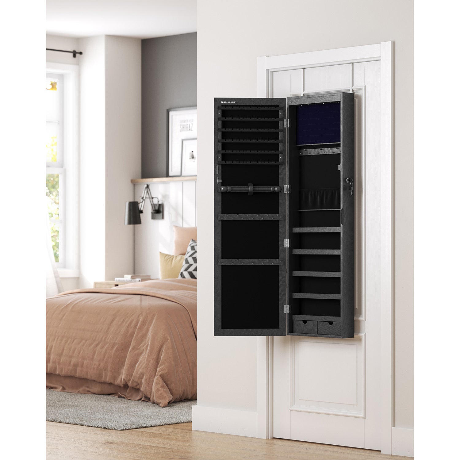 Lockable Wall or Door Mounted Jewelry Armoire Organizer with Mirror - Black
