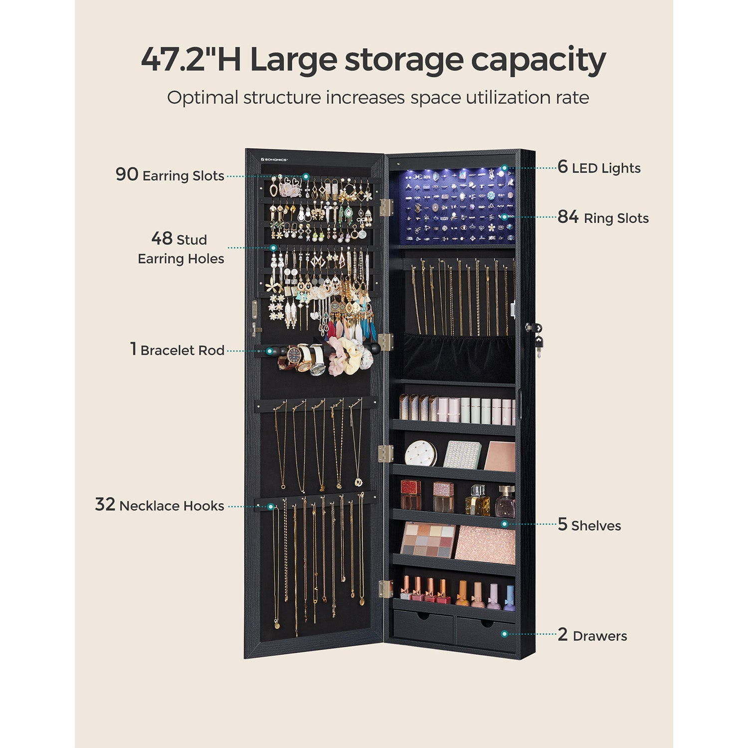 Lockable Wall or Door Mounted Jewelry Armoire Organizer with Mirror - Black