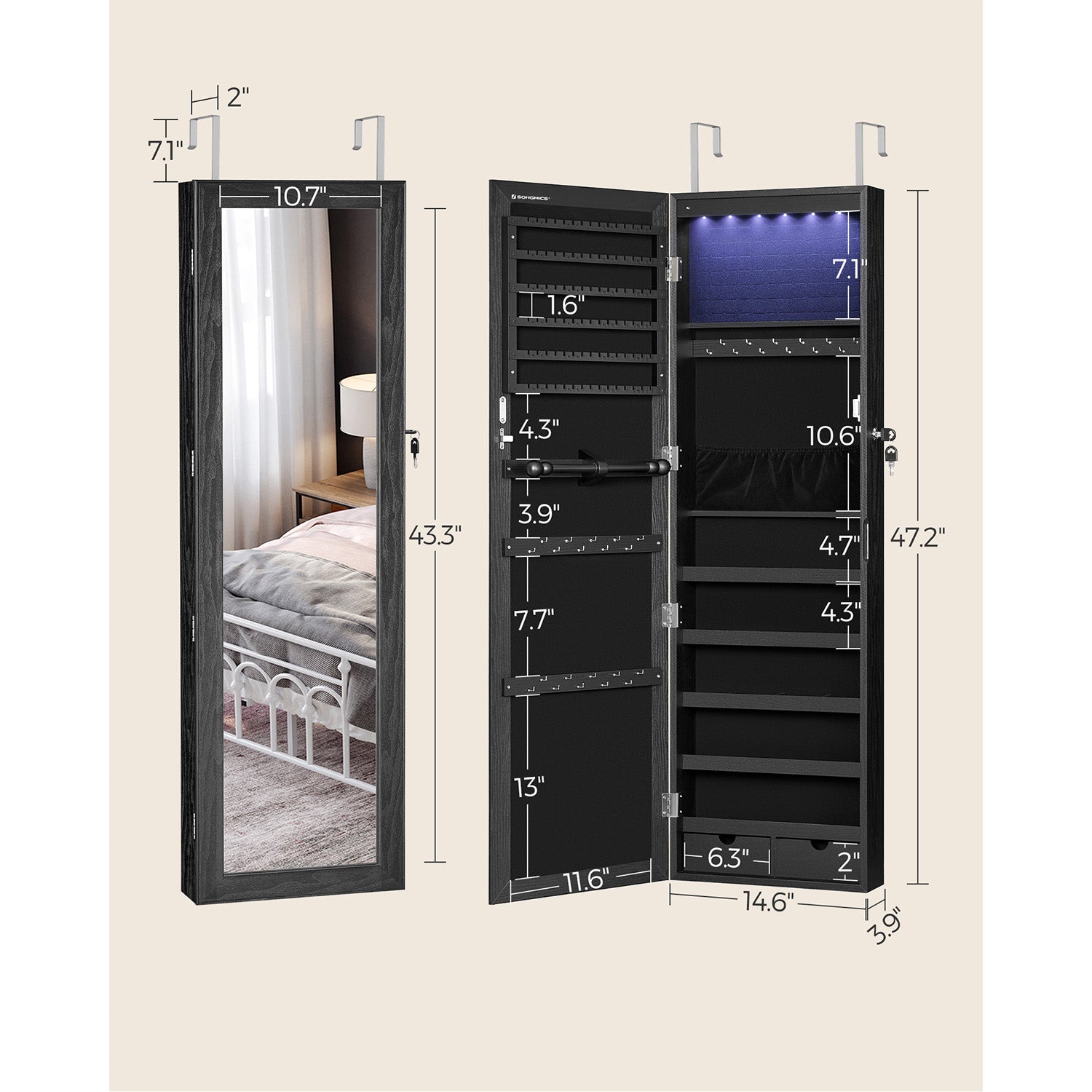 Lockable Wall or Door Mounted Jewelry Armoire Organizer with Mirror - Black