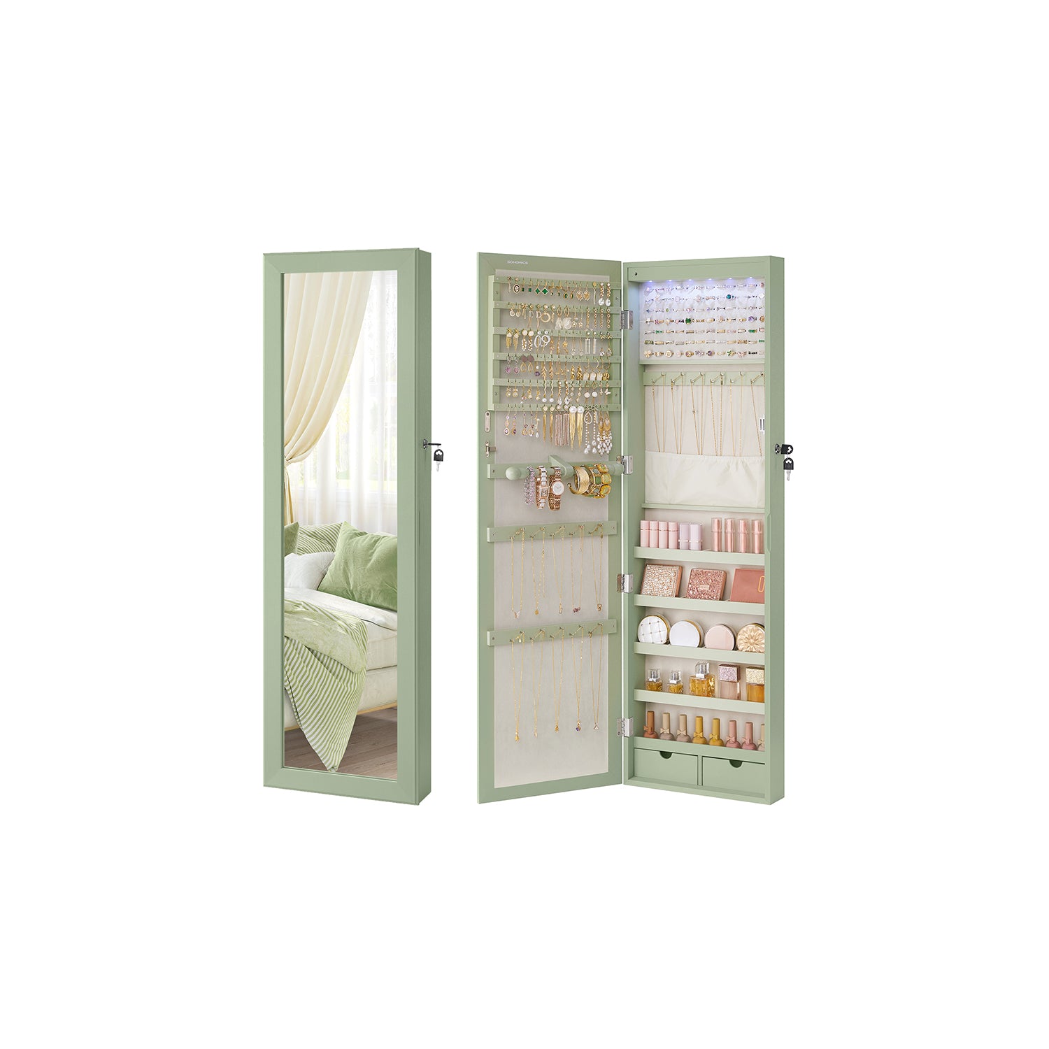 Lockable Wall or Door Mounted Jewelry Armoire Organizer with Mirror - Laurel Green